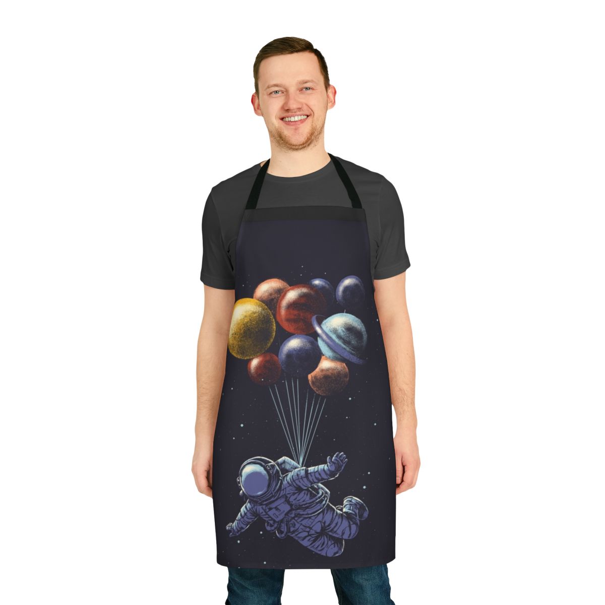Colorful space-themed apron with abstract, surreal design featuring galaxy, solar system, and moon elements