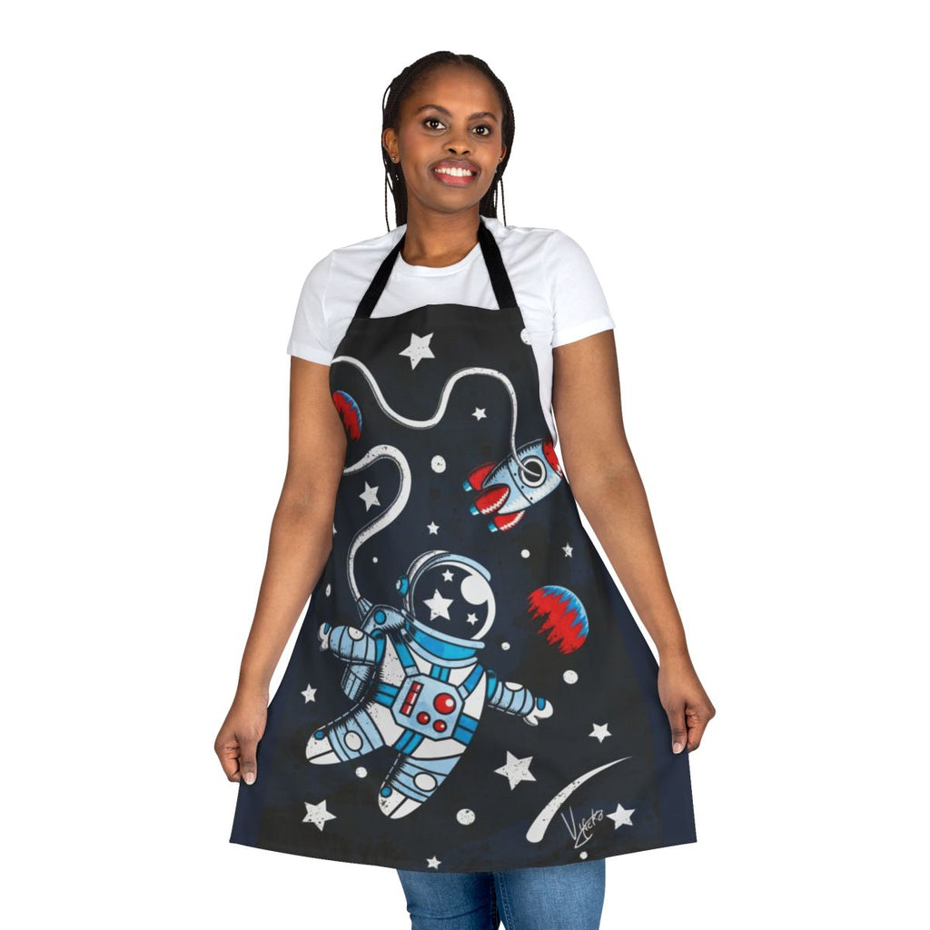 A stylish apron featuring a surreal space-themed design with the moon, stars, and planets.