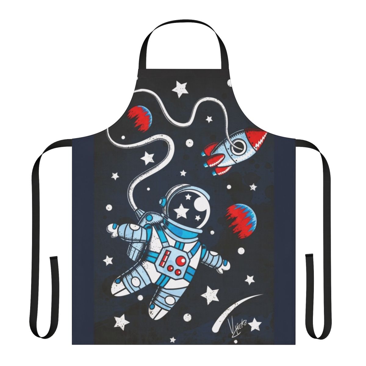 A stylish apron featuring a space-themed design with planets, stars, and a rocket ship.