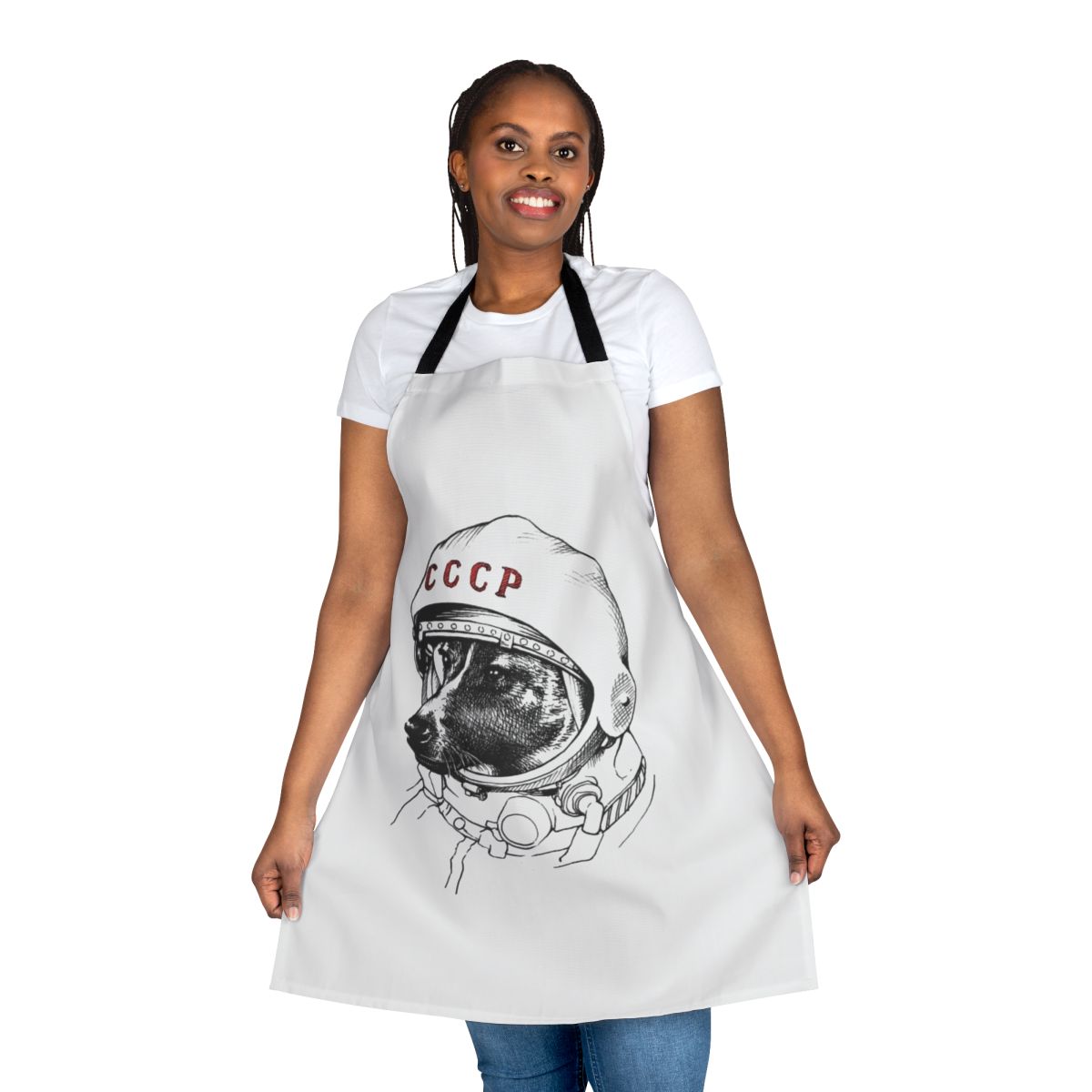 Apron featuring a colorful space traveler dog design