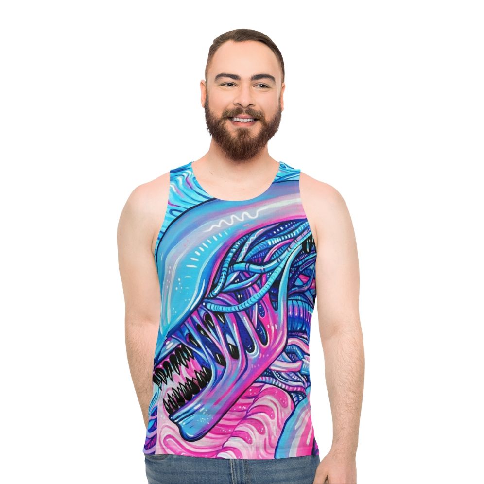 Cosmic alien acrylic painting on unisex tank top