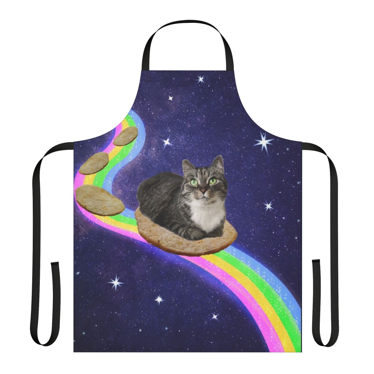 An apron featuring a whimsical design of legendary animals in a cosmic, space-themed setting.