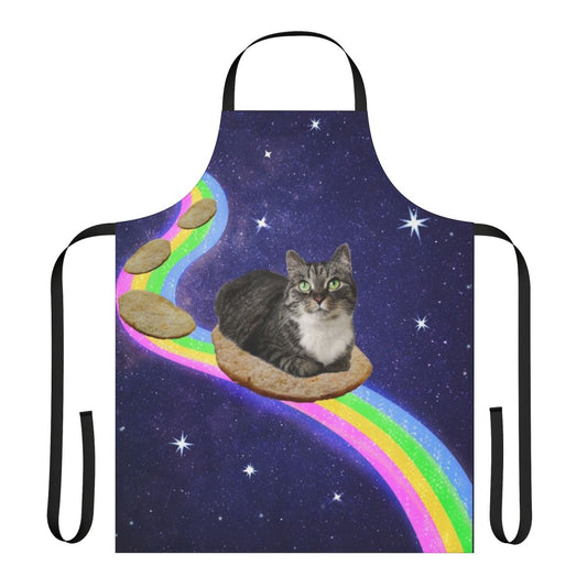 An apron featuring a whimsical design of legendary animals in a cosmic, space-themed setting.
