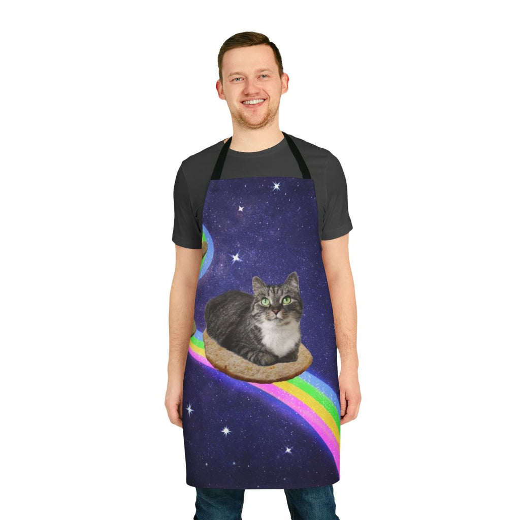 An apron featuring a whimsical design of legendary animals in a cosmic, space-themed setting.