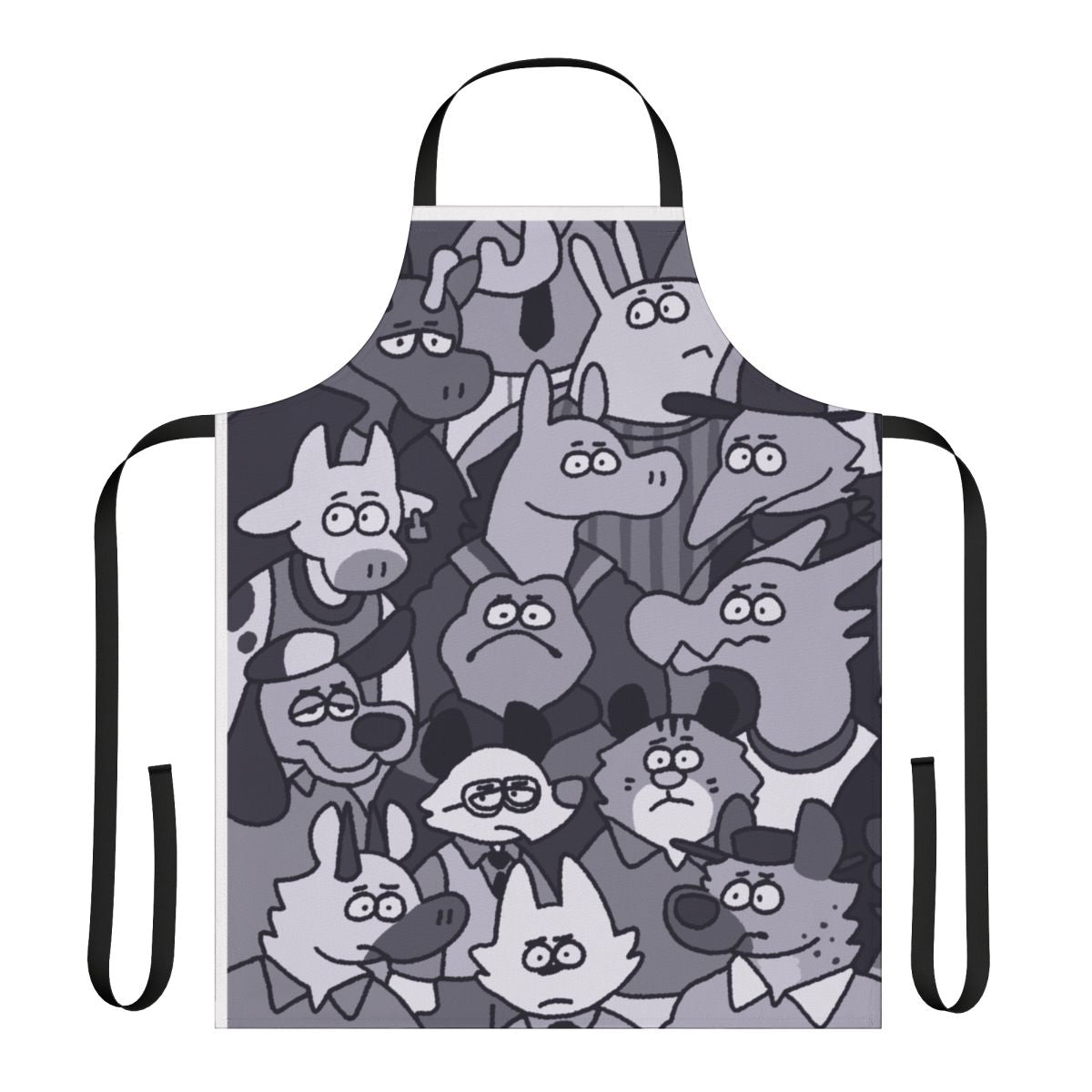 Vibrant apron featuring a variety of furry animal characters in a whimsical cosmic setting