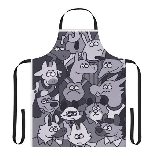 Vibrant apron featuring a variety of furry animal characters in a whimsical cosmic setting