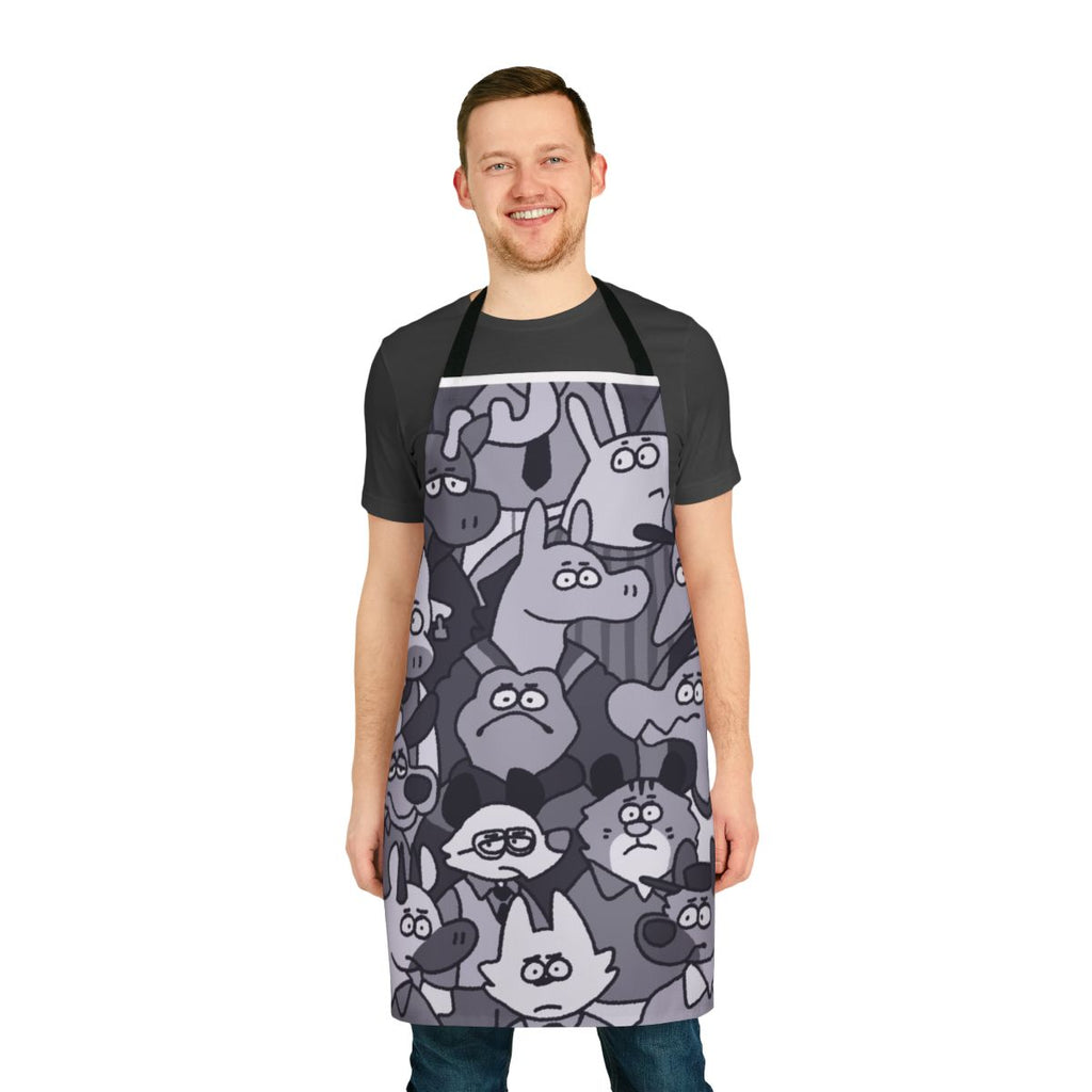 Vibrant apron featuring a variety of furry animal characters in a whimsical cosmic setting