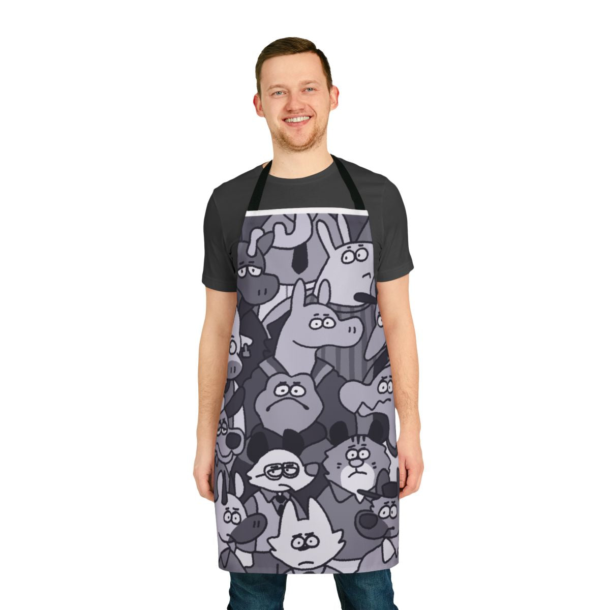 Vibrant apron featuring a variety of furry animal characters in a whimsical cosmic setting