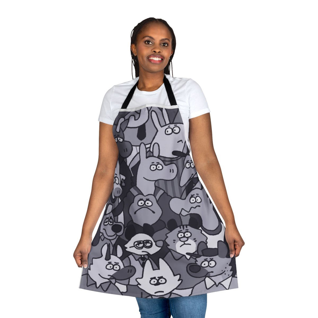 Vibrant apron featuring a variety of furry animal characters in a whimsical cosmic setting