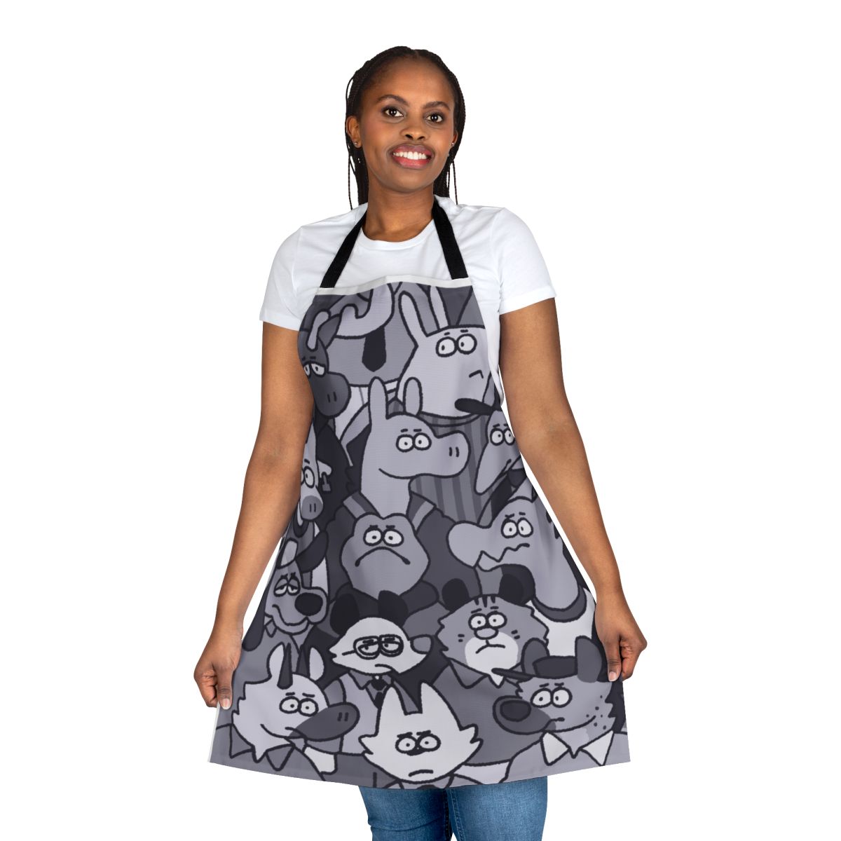Vibrant apron featuring a variety of furry animal characters in a whimsical cosmic setting