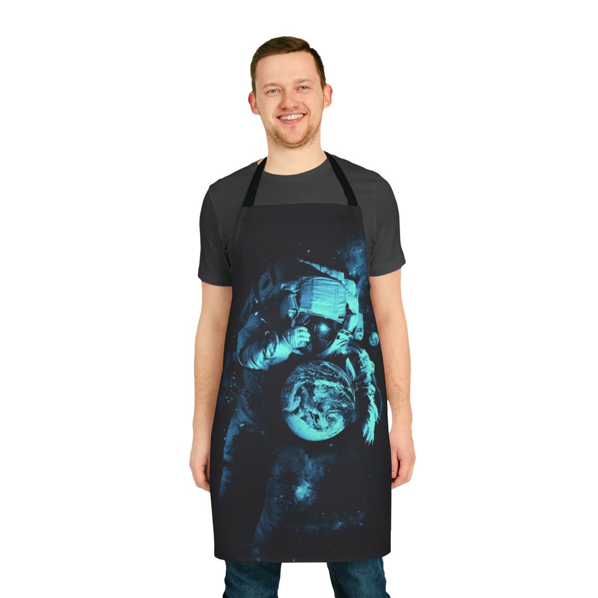 Cosmic-themed apron featuring planets, stars, and astronauts