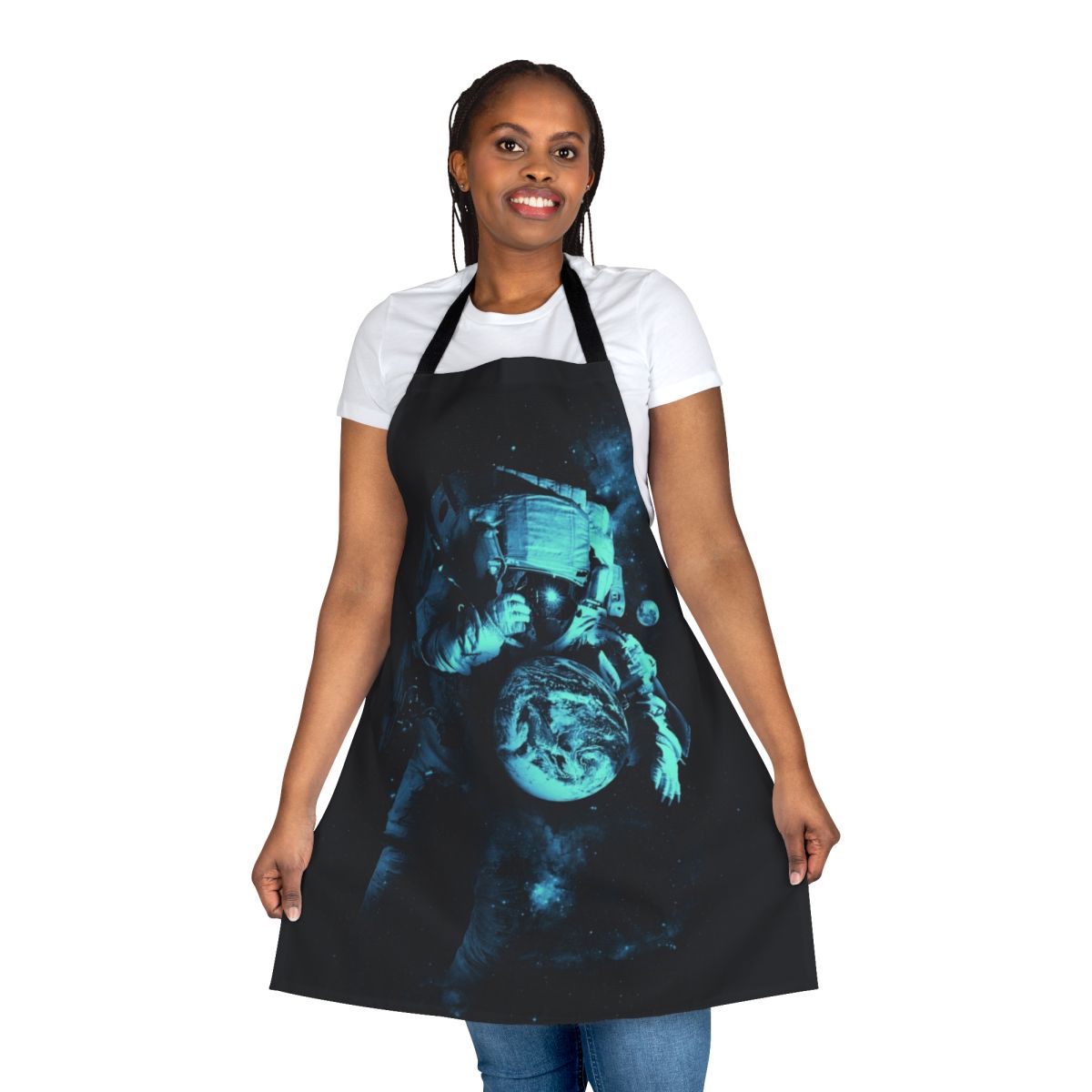 Cosmic-themed apron featuring planets, stars, and astronauts