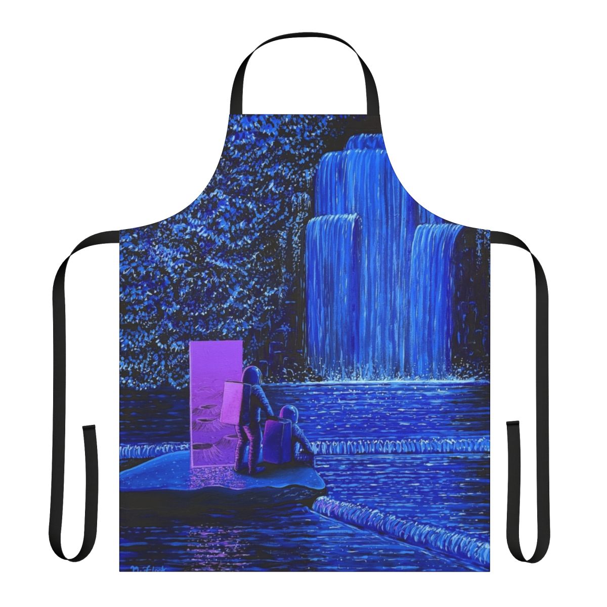 Cosmic apron with a surreal night falls design featuring an astronaut, waterfall, and celestial elements