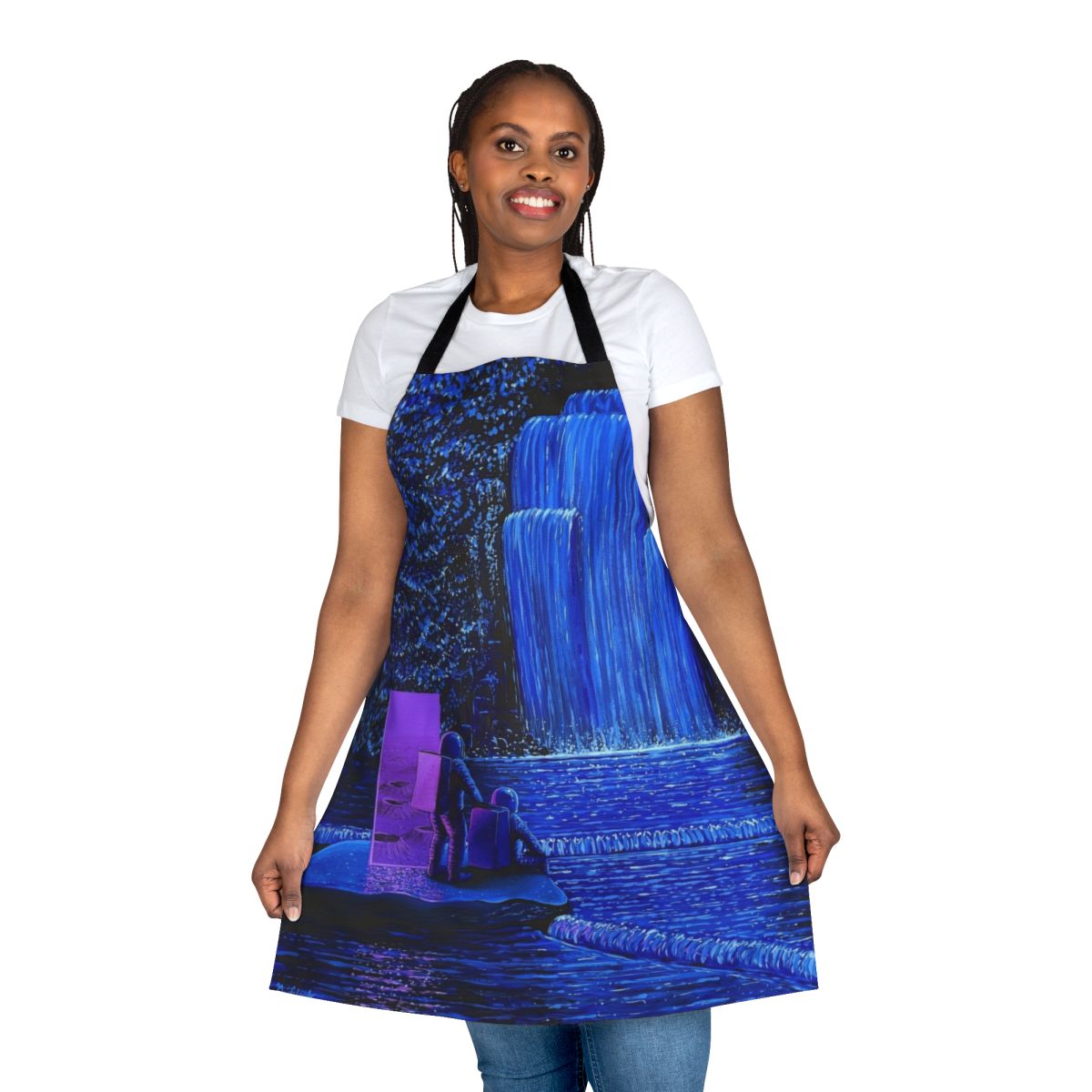 Cosmic apron with a surreal night falls design featuring an astronaut, waterfall, and celestial elements