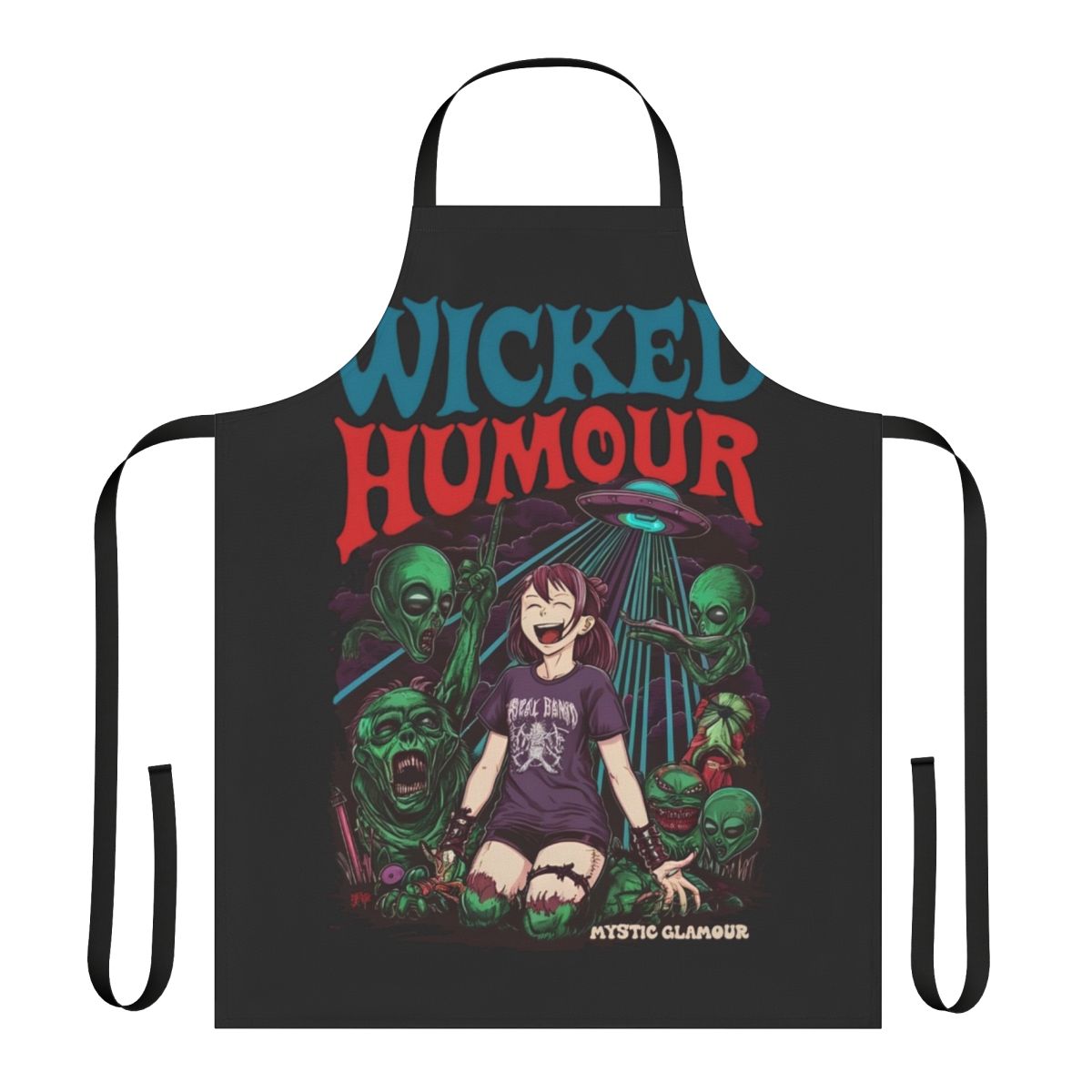 Vibrant apron featuring a cosmic, psychedelic, and dark humor inspired design