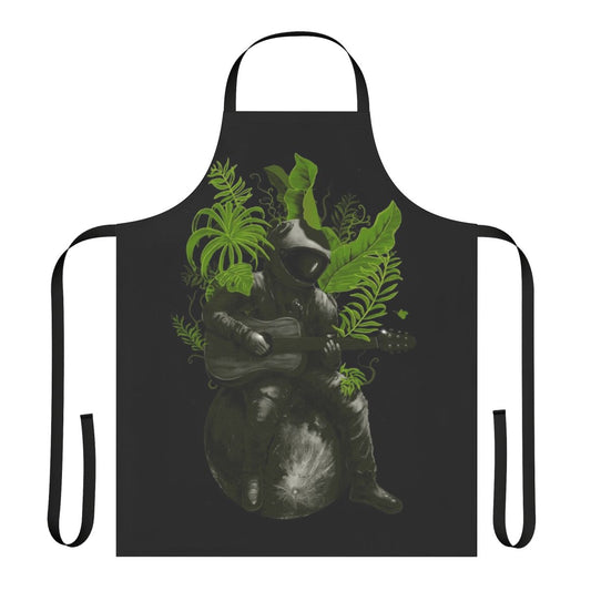Vibrant tropical-themed apron with cosmic, space, and guitar design elements