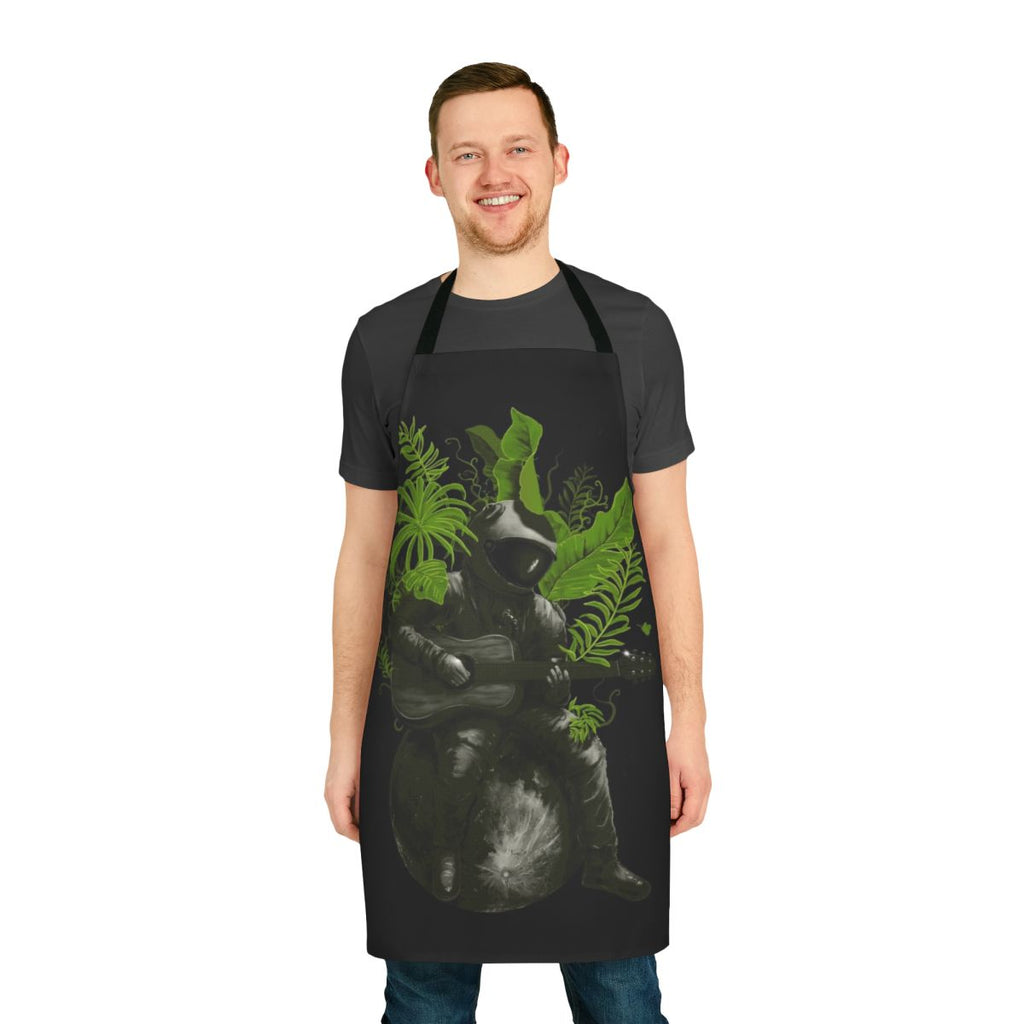 Vibrant tropical-themed apron with cosmic, space, and guitar design elements