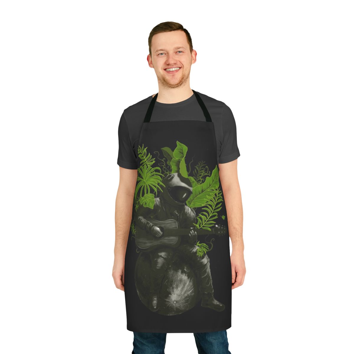 Vibrant tropical-themed apron with cosmic, space, and guitar design elements