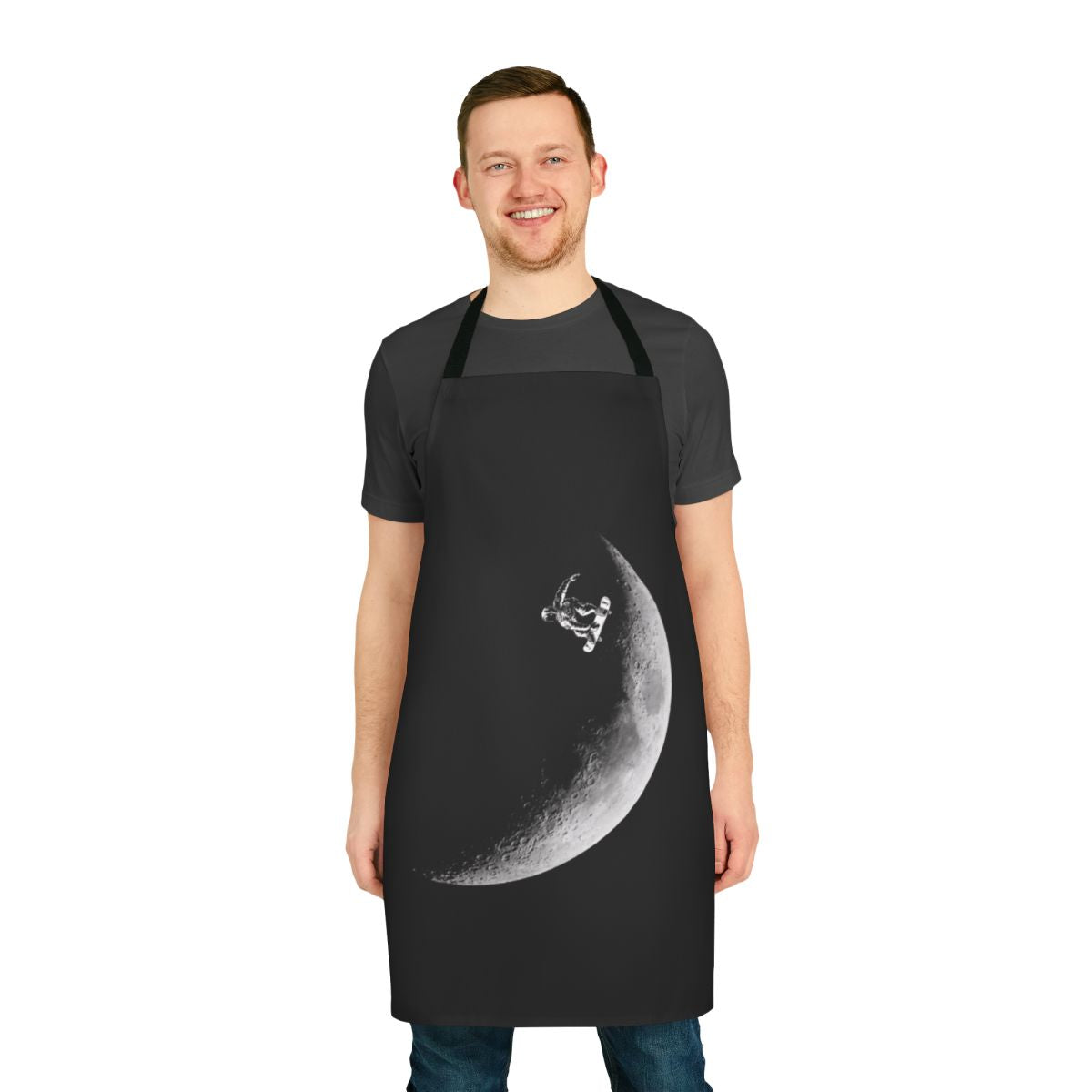 Graphic design of an astronaut skateboarding on the moon against a backdrop of stars and the galaxy