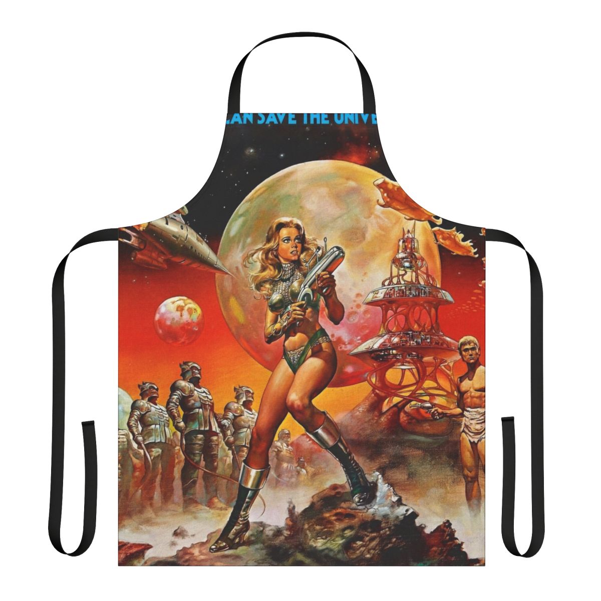 Colorful apron featuring a Barbarella-inspired design with spaceships, planets, and a galactic, sci-fi theme.