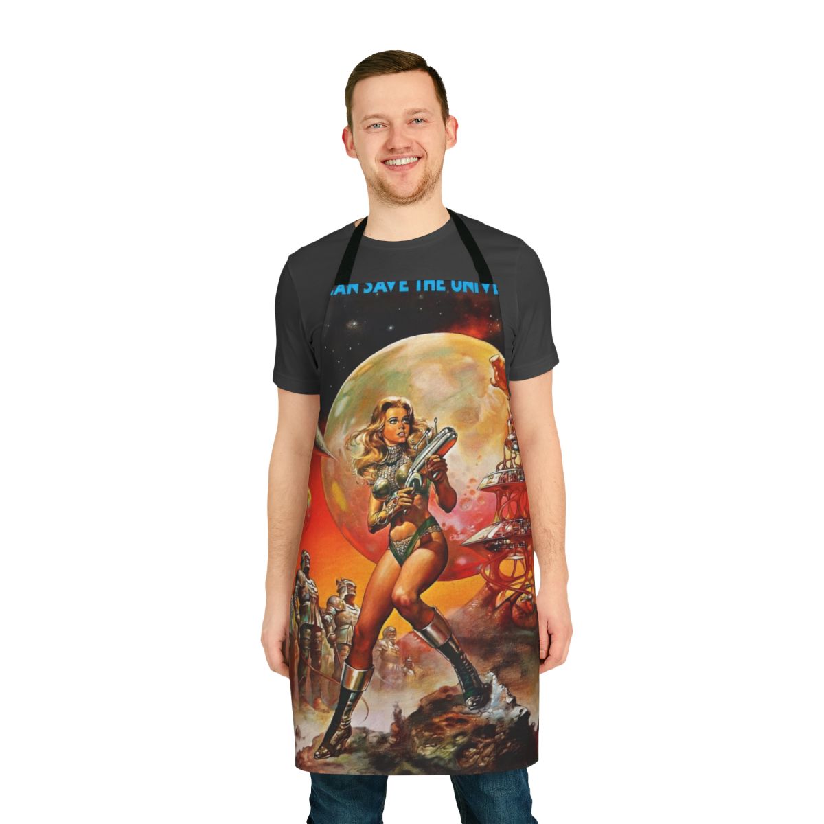 Colorful apron featuring a Barbarella-inspired design with spaceships, planets, and a galactic, sci-fi theme.