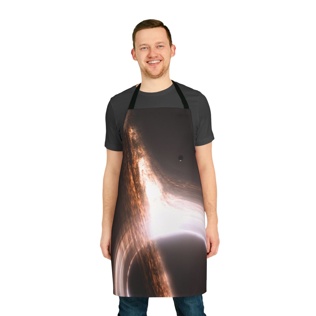 Black hole event horizon apron with stars and galaxies in the background