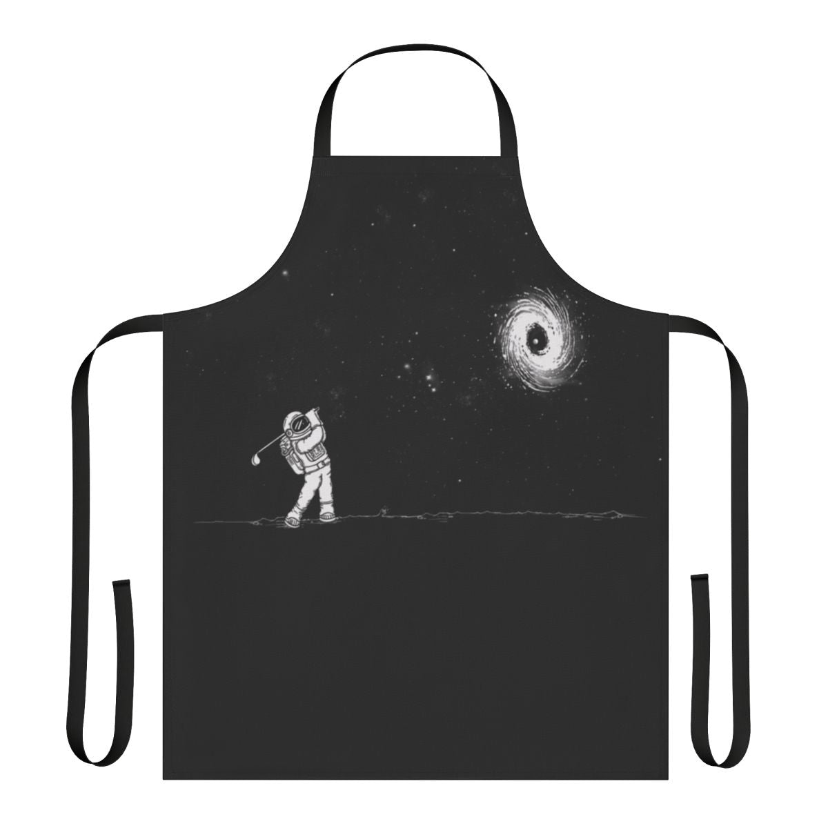 Stylish black apron with white cosmic design featuring a black hole, stars, and planets