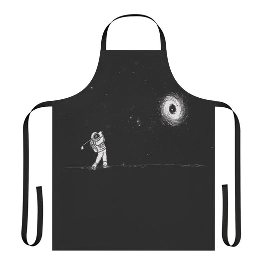 Stylish black apron with white cosmic design featuring a black hole, stars, and planets