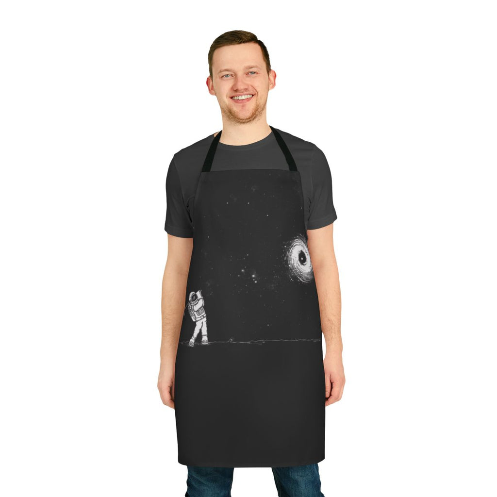 Stylish black apron with white cosmic design featuring a black hole, stars, and planets