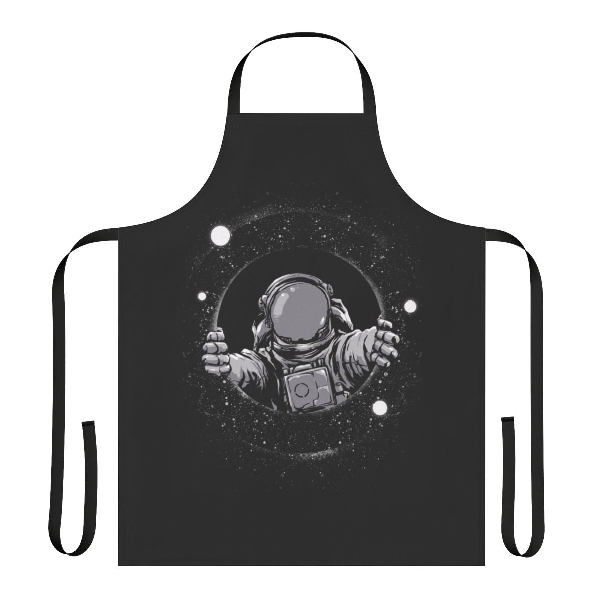 Black hole themed kitchen apron with space and galaxy design