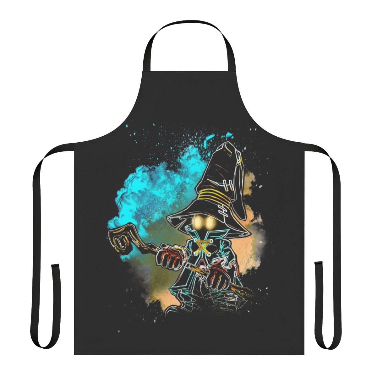 Cosmic-themed apron featuring a stylized black mage silhouette from the Final Fantasy video game series.