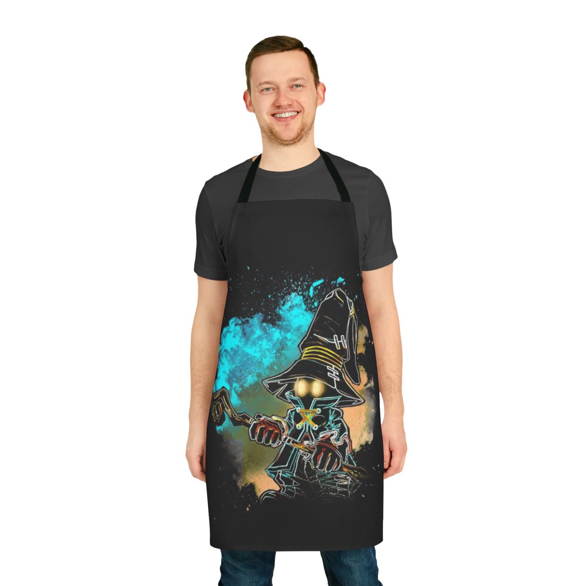 Cosmic-themed apron featuring a stylized black mage silhouette from the Final Fantasy video game series.