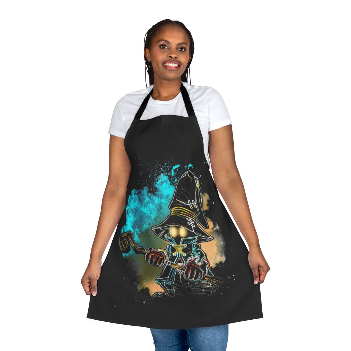 Cosmic-themed apron featuring a stylized black mage silhouette from the Final Fantasy video game series.