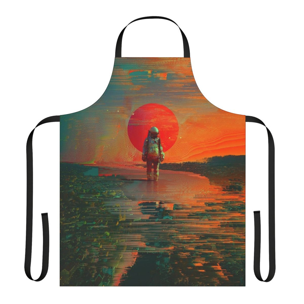 A visually striking apron featuring a surreal, space-inspired design with cosmic elements like stars, planets, and a fiery blast.