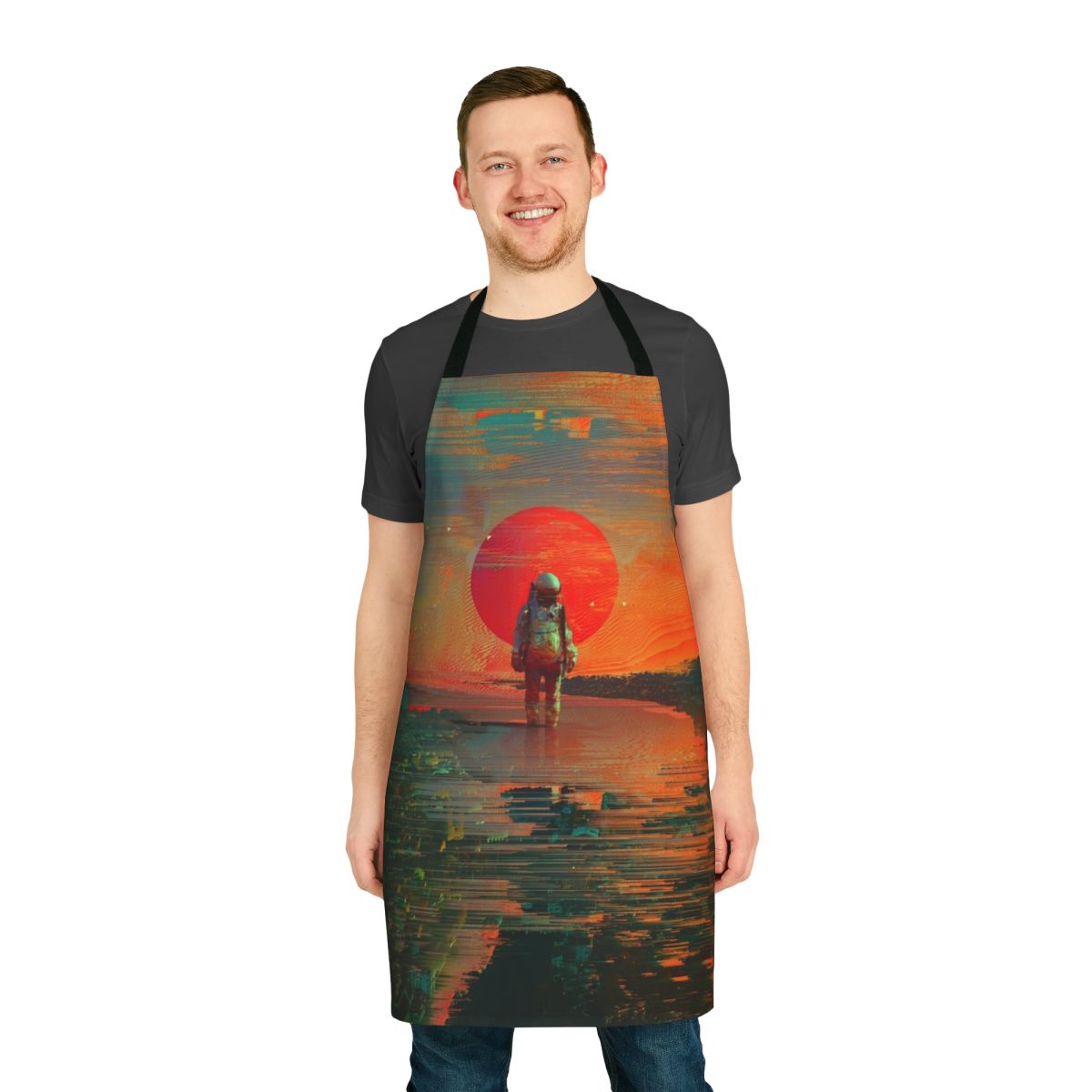 A visually striking apron featuring a surreal, space-inspired design with cosmic elements like stars, planets, and a fiery blast.