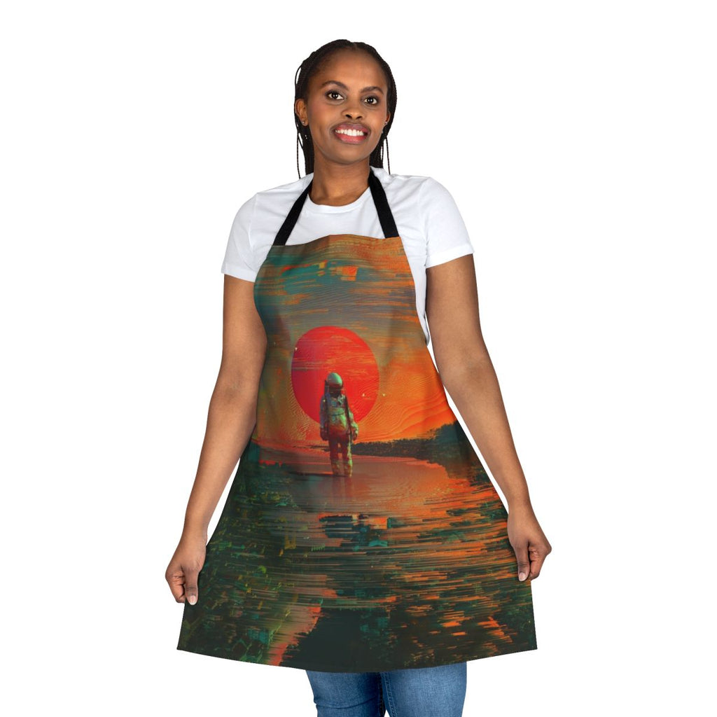 A visually striking apron featuring a surreal, space-inspired design with cosmic elements like stars, planets, and a fiery blast.