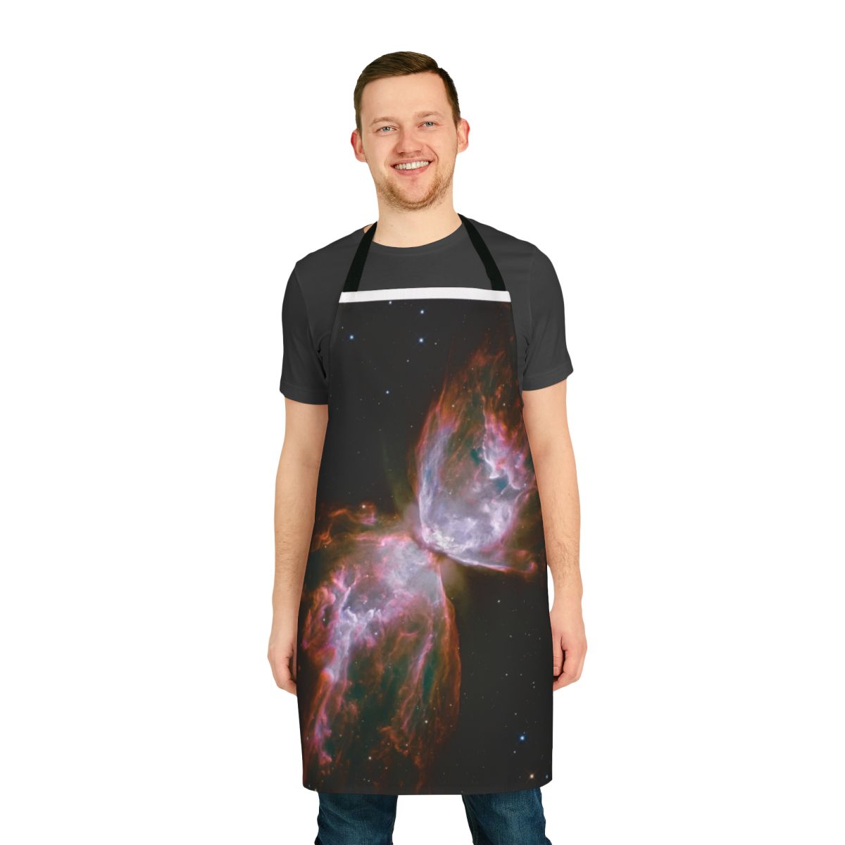 Apron featuring a vibrant, detailed image of the Butterfly Nebula, a stunning cosmic formation in space.