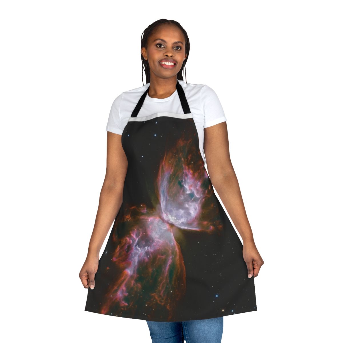Apron featuring a vibrant, detailed image of the Butterfly Nebula, a stunning cosmic formation in space.
