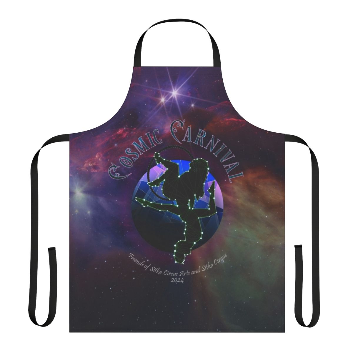 A vibrant apron featuring a cosmic carnival design with stars, planets, and constellations.