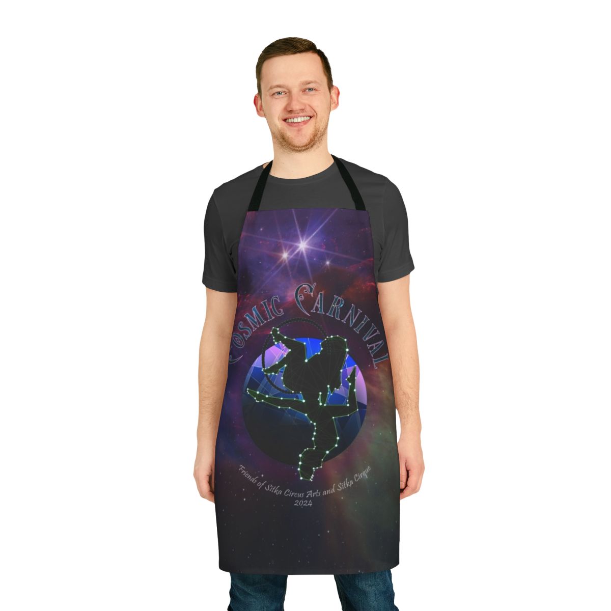 A vibrant apron featuring a cosmic carnival design with stars, planets, and constellations.