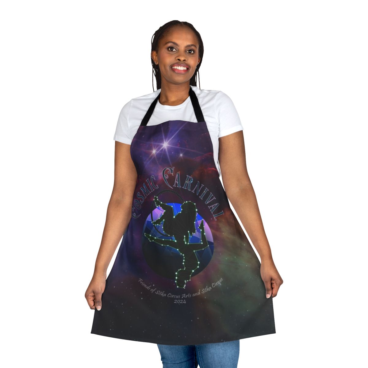A vibrant apron featuring a cosmic carnival design with stars, planets, and constellations.