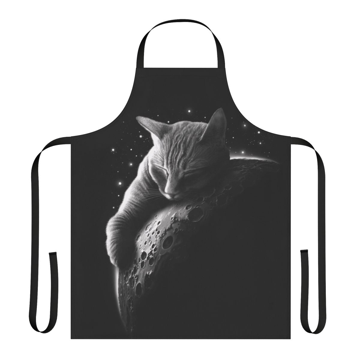A stylish and whimsical black apron featuring a cat astronaut silhouette against a crescent moon and starry space backdrop