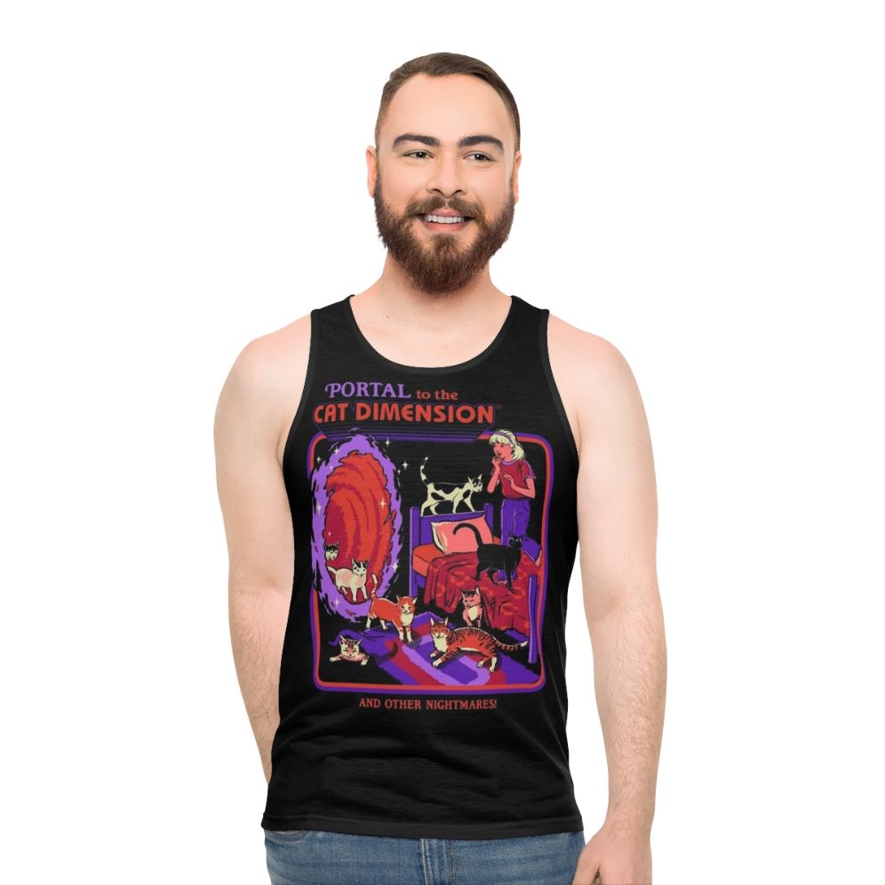 Unisex tank top with a cat dimension graphic