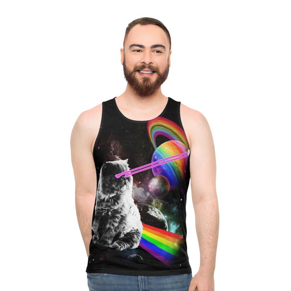 Cosmic cat in a galaxy tank top
