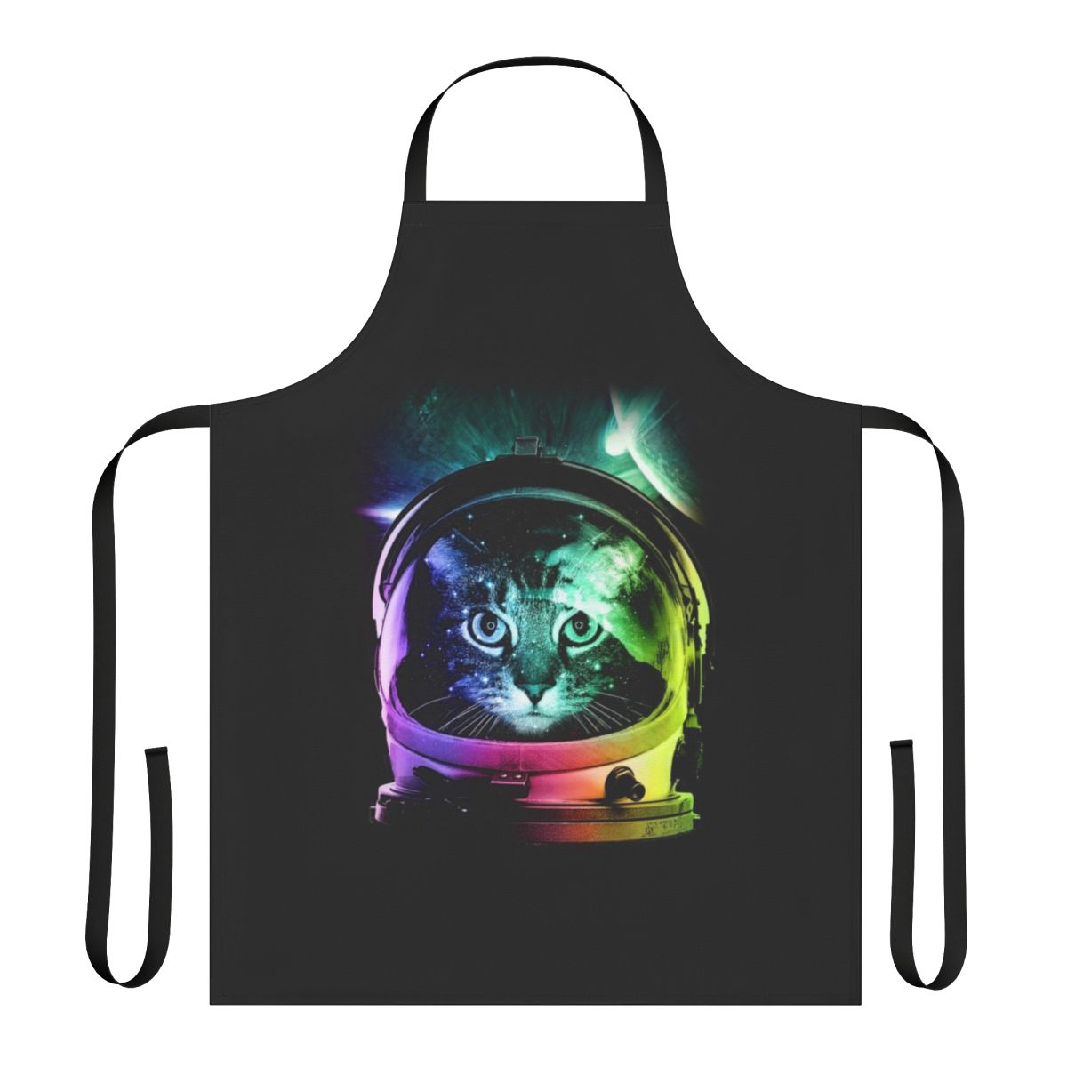 A colorful apron featuring an adorable cat astronaut in a space-themed design