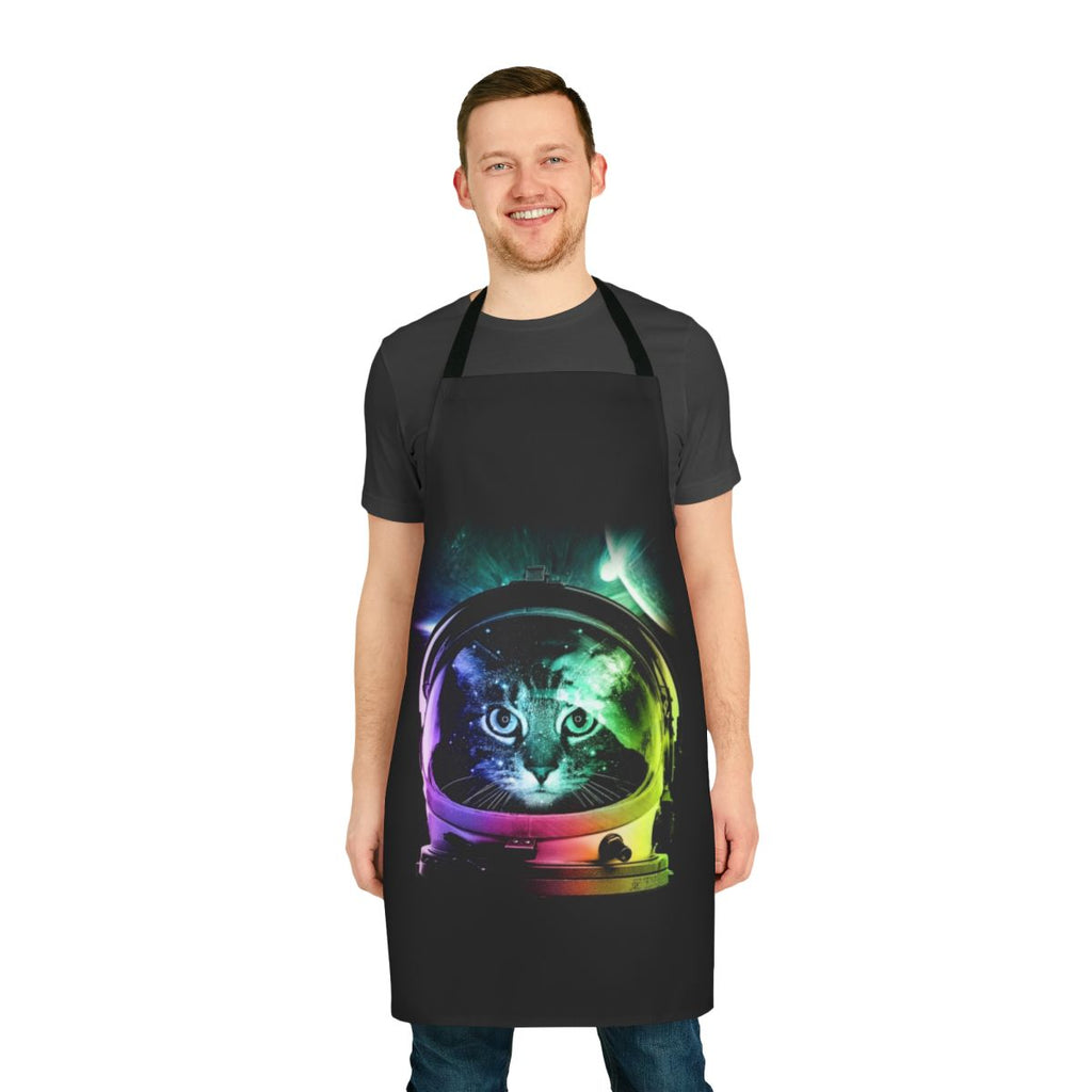 A colorful apron featuring an adorable cat astronaut in a space-themed design