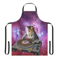A vibrant, space-themed apron featuring a whimsical cat DJ design, perfect for kitchen or household use.