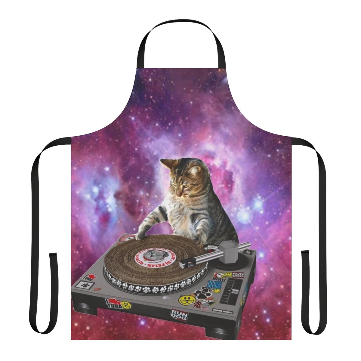 A vibrant, space-themed apron featuring a whimsical cat DJ design, perfect for kitchen or household use.