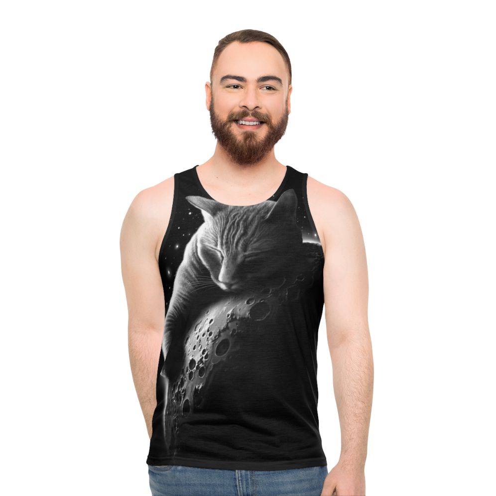 Unisex tank top with a cat astronaut design on a moonlit background