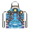 A blue apron with a cosmic, starry design for relaxation and mindfulness.